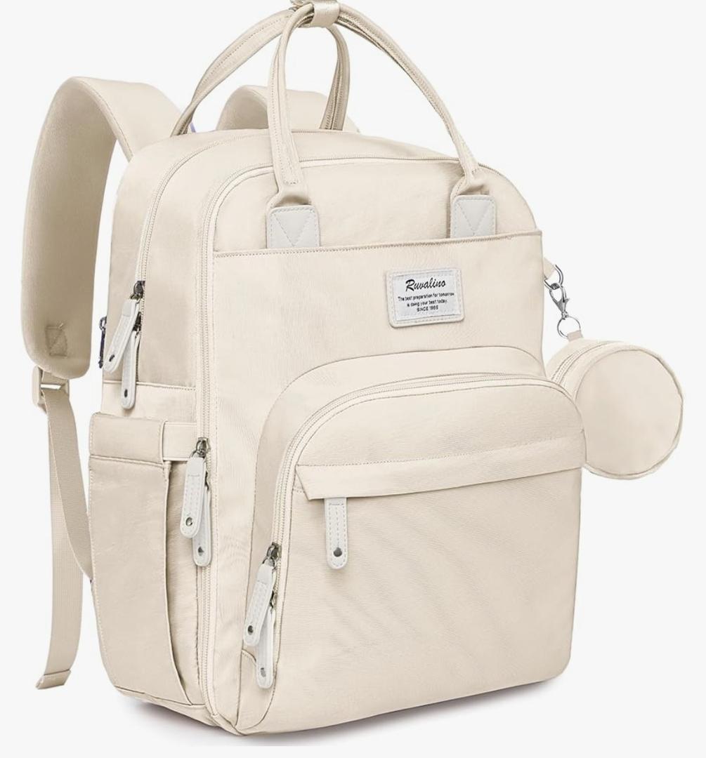 RUVALINO Diaper Bag Backpack-Multifunction Baby Travel Bag with Changing pad, Insulated Bottle Holders & Pacifier Case, Large Capacity, Waterproof, Beige