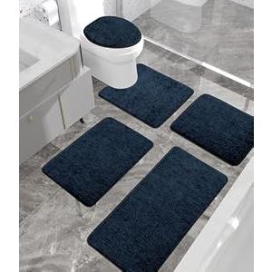 YIHOUSE Bathroom Rug Set 5 Piece, Memory Foam Blue Bath Mat Non-Slip Quick Dry Absorbent Bath Mats for Bathrooom, Washable Bathroom Rug and U-Shaped Contour Toilet Rug Bath Rug Set for Bath Floor
