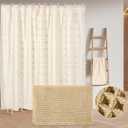 HunnmingRe 3 Pcs Boho Farmhouse Bathroom Shower Curtain Set with Waffle Bath Mat and Towel Cream Waterproof neutral shower curtain Non Slip with 12 Hooks for Bathroom and Hotel Tub Decor 70.87 x 70.87