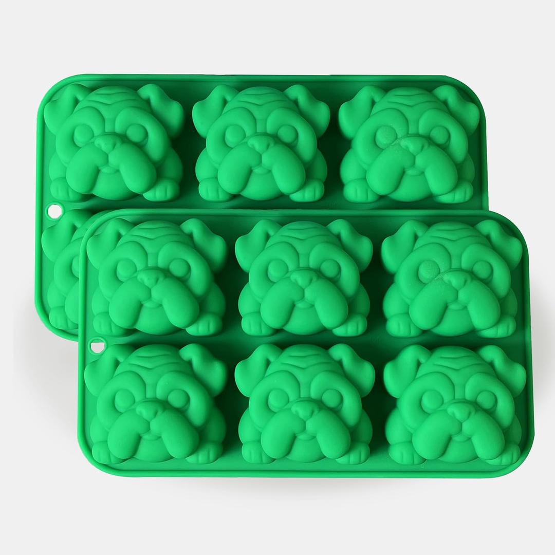 Silicone Bulldog Mold, 6-Cavity Baking Molds for Chocolate Candy Soap, Ice Cube Tray, Green