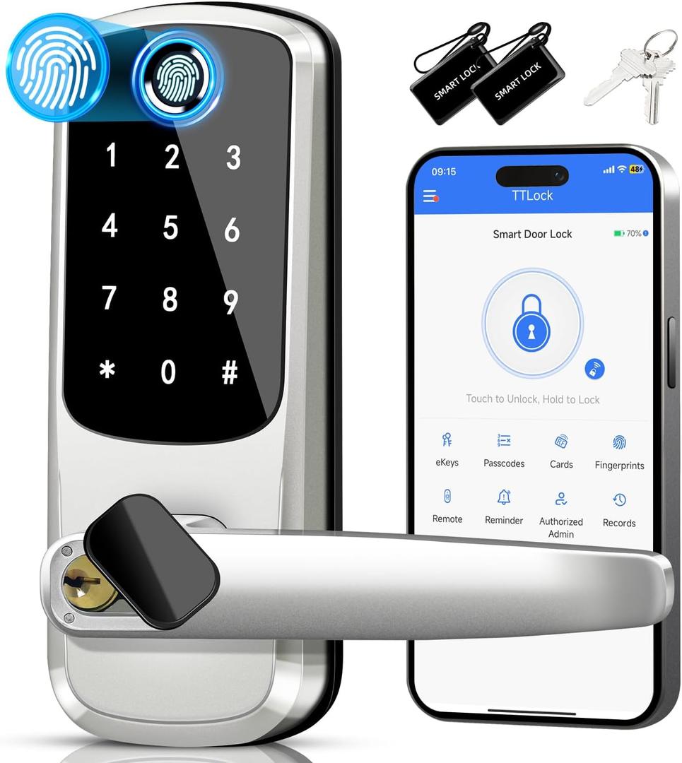 Smart Lock with Handle & Fingerprint Keyless Entry Deadbolt for Front Door, Bedroom & Airbnb Rental App Control, Auto-Lock, Anti-Peep Keypad Easy DIY Installation, Satin Nickel