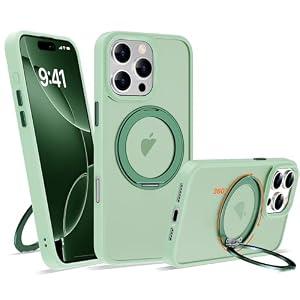 UGENINO Compatible with iPhone 16 Pro Max Case with 360° Rotatable Magnetic Ring Stand [Compatible with Mag-Safe] Translucent Shockproof Protective Phone Case for Women Men, Light Green