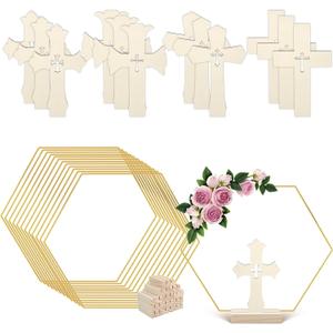 24 Pcs Baptism Centerpiece Decoration for Tables First Communion 12 Standing Wood Crosses for Craft 12 Hexagonal Metal Floral Hoop Centerpiece with Stand for Party Wedding Home Decor