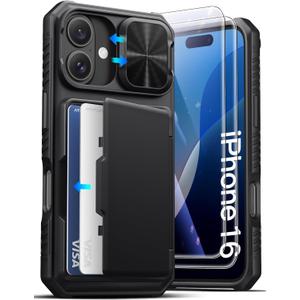 ATATOO for iPhone 16 Case Wallet with HD Tempered Glass Screen Protector [2 Pack], Build-in Card Holder, Slide Camera Cover, Military Grade Protection, Hard Case for iPhone 16 6.1", Black