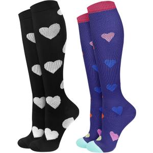 Compression Socks for Women 15-20 mmHg, 2 Pairs | Graduated Support, Knee High Fit, Polyester Stretch, Circulation Comfort, Nurses, Travel, Athletes, Flight, Daily, Patterned