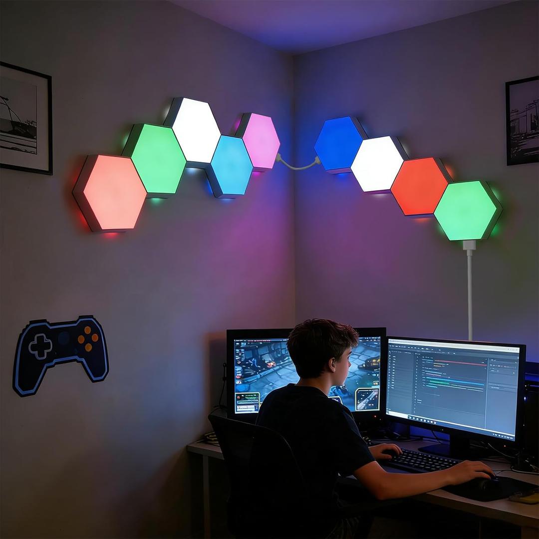 Tehoi Hexagon LED Light, 9PCS RGB Hexagonal LED Wall Lights for Bedroom, Gaming Lights DIY Geometry Splicing Wall Decoration USB Power (Variable Color)
