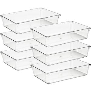 Ravinte 6 Pack Drawer Organizer - 6" X 9" Plastic Storage Bins, Acrylic Organizers with Non-Slip Pads Clear Desk Storage Tray for Makeup, Jewelries, Kitchen Utensils, Bathroom and Office
