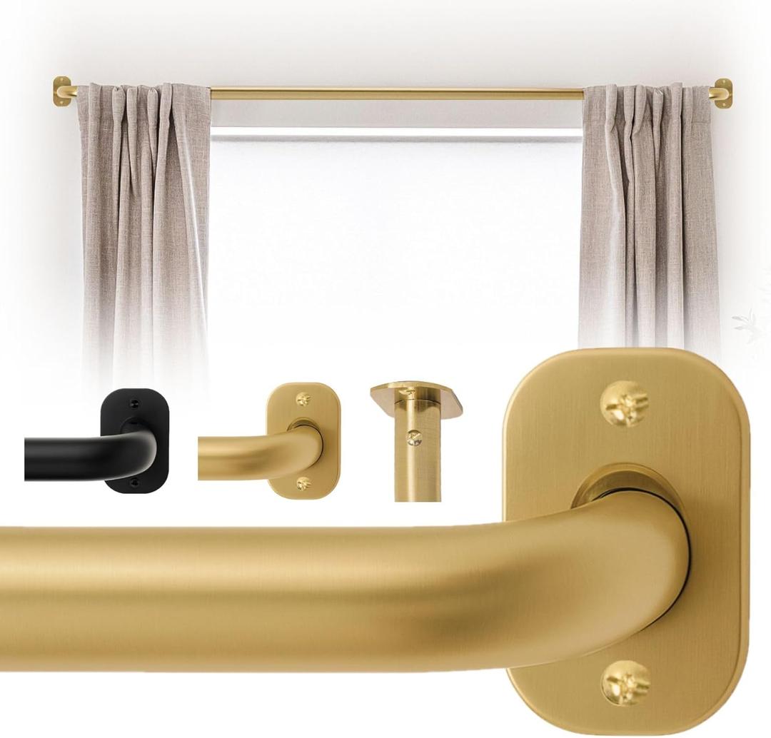 Blackout Curtain Rod Wrap Around Design, Adjustable 36-66 Inches, Wall/Ceiling Mount, 1 Inch Diameter, Room Darkening French Return Heavy Duty Metal, Modern Minimalist Bracket, Brushed Gold