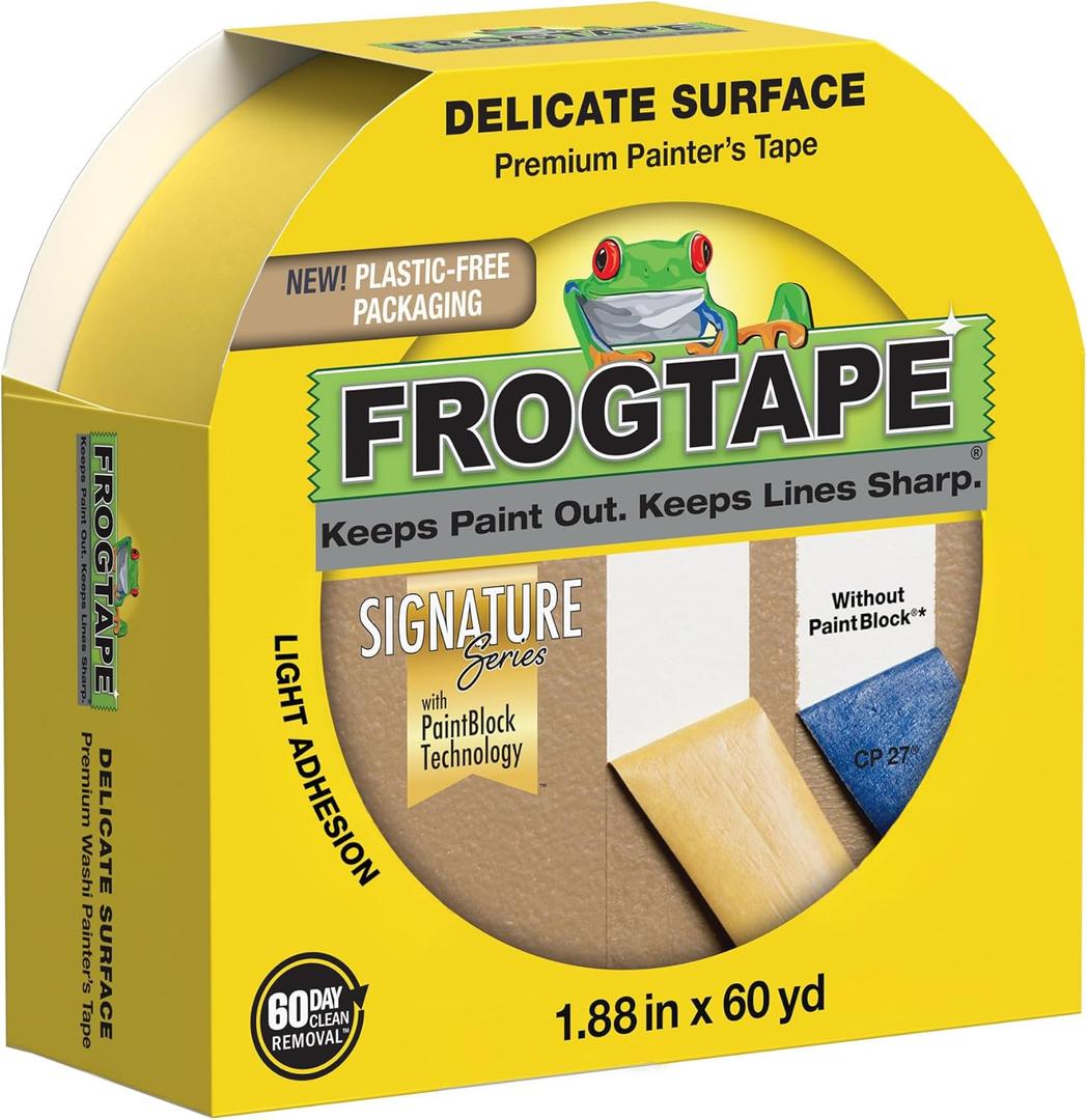 FrogTape Delicate Surface Painters Tape with PAINTBLOCK, 2 Inch Wide (1.88 In. x 60 Yds), Low Adhesion, Ideal for Freshly Painted Walls, Trim & Surfaces, Yellow, 1 Roll (280222)