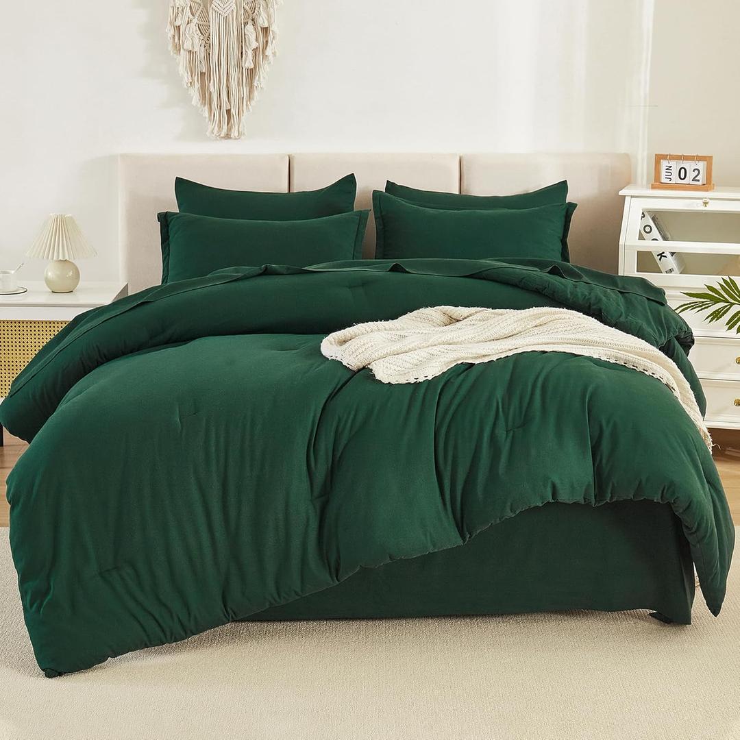 Litanika Queen Comforter Set Dark Emerald Green - 7 Pieces Bed in a Bag Queen Bedding Comforter Sets, Solid Lightweight Bed Set with Comforter, Sheets, Pillowcases & Shams (Queen (90"x90"))
