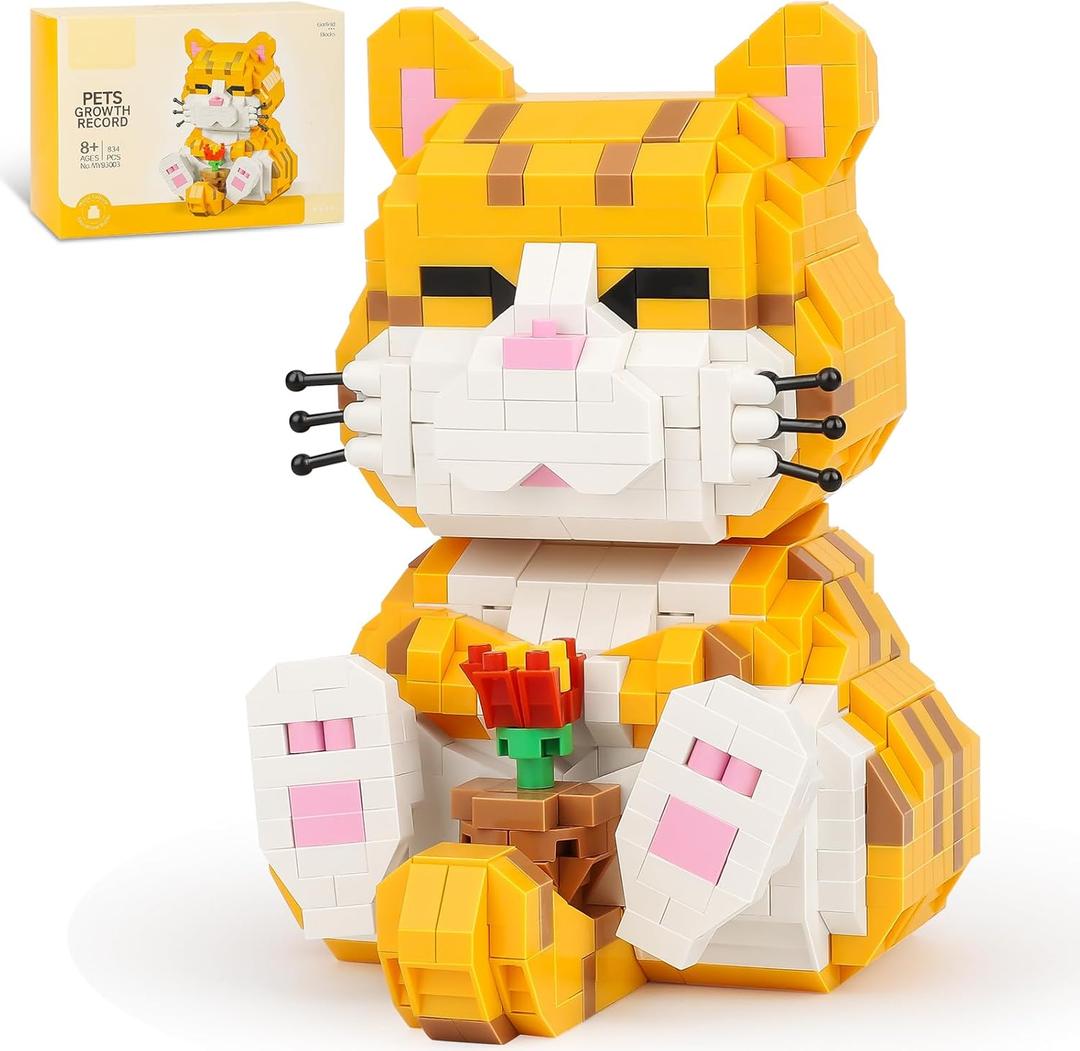 QLT QIAOLETONG Cute Animal Micro Mini Building Blocks Kit, Orange Cat Micro Bricks Building Toys for Adults, Party Favors for Kids 8-12+, Birthday Gift, Carnival Prizes (834 PCS)