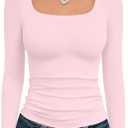 Trendy Queen Womens Square Neck Long Sleeve Shirts Double Lined Slim Fit Tops Y2K Going Out Basic Tees (Pink, M)