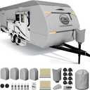 Heavy Duty Travel Trailer RV Cover 14-16ft, 8 Layers Breathable Waterproof Rip-Stop Camper Cover with Adhesive Repair Patches, Gutter, Tire & Additional Straps