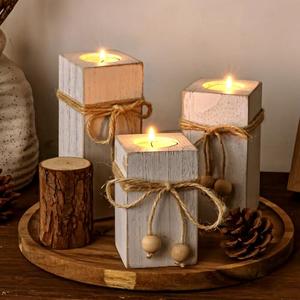 MelonBoat Rustic Flameless LED Candles 3-Pack, Battery Operated Candles with Wooden Candle Holders, White Rustic Farmhouse Decor, Farmhouse Candle Holder for Valentines Holiday Party Home Decor