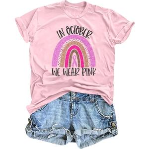 Breast Cancer Shirts for Women: in October We Wear Pink Tshirt Breast Cancer Awareness Tees Rainbow Ribbon Tops (Pink, M)