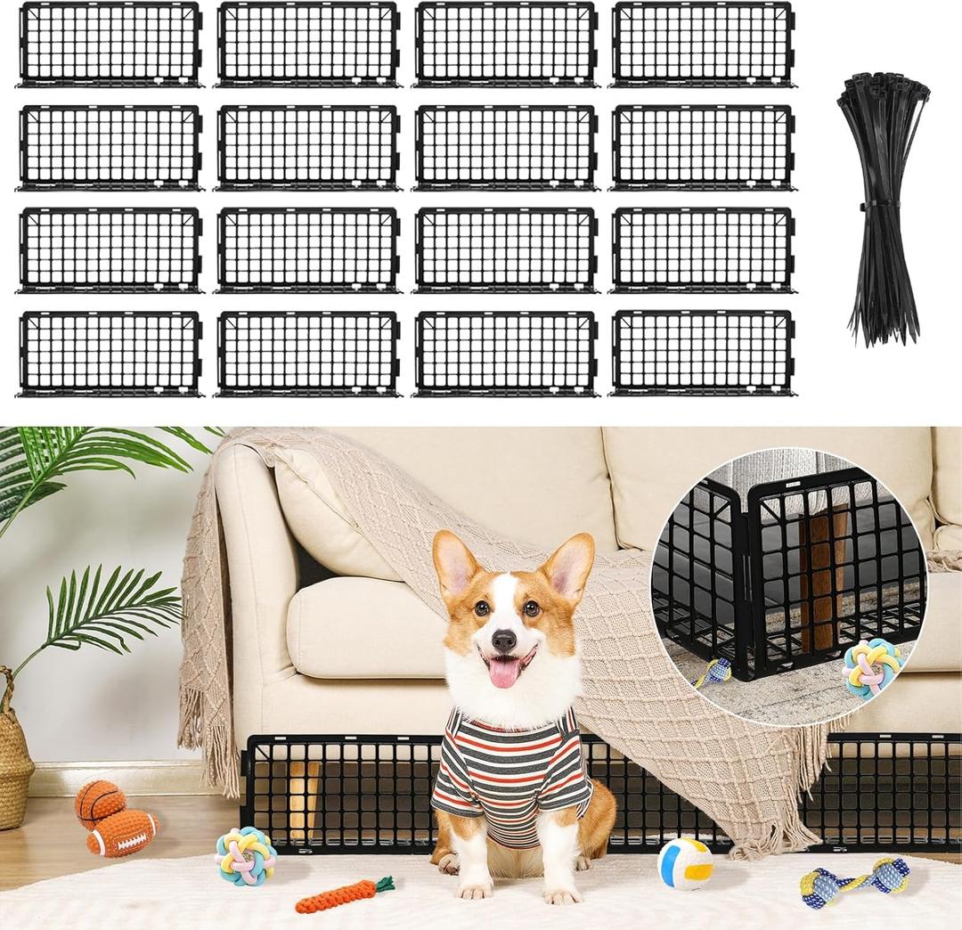 16 PCS Under Couch & Bed Blocker Set, Under Couch Toy Blocker with 50 Zip Ties Adjustable Connectable Plastic Pet Barrier for Living Room Bedroom Playroom Furniture, Sofa, Pets (Dogs/Cats), Black