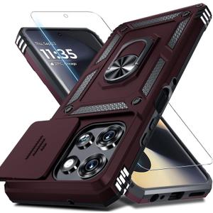 Janmitta Compatible with Moto G Power 5G 2026/2025 Case Built in Slide Camera Lens Cover+Screen Protector+Finger Ring Holder Kickstand,Heavy Duty Shockproof Full Body Protective Phone Cover,Red