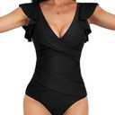 B2prity Women's One Piece Swimsuit Ruffle Slimming Tummy Control Bathing Suit Criss Cross High Waist 1 Piece Swimwear L