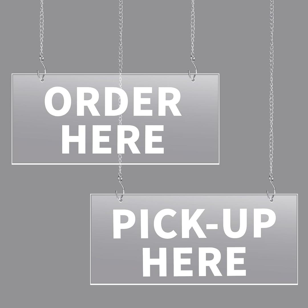 2 Pcs 13 x 6 Inches Order Here and Pick up Here Sign Acrylic Order Sign Big Clear Hanging Pick up Hers with Hooks for Restaurants Cafes Bars Bakery Ice Cream Concession Booth