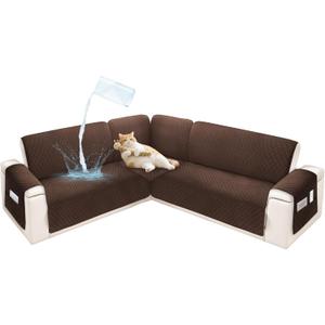 Sectional Couch Covers for Dogs 100% Waterproof Corner L Shaped Sofa Cover Pet Friendly Velvet Washable Anti Slip L Shape Modular Sofa Slipcover Protector with Pockets (Dark Brown, X-Large)