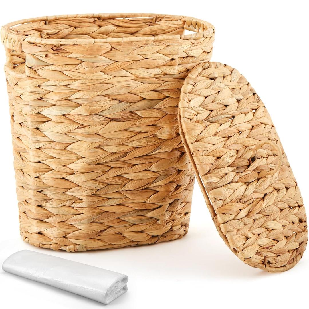 Ctosree 3 Gallons Small Wicker Trash Can with Lid Handle Woven Wicker Rattan Bathroom Waste Basket Boho Trash Basket with 100 Plastic Garbage Bags for Bedroom Office Laundry (Oval Style)