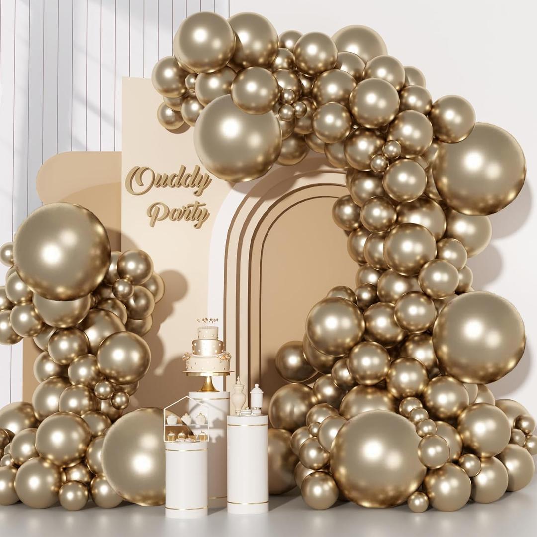 Ouddy Party 129Pcs Chrome Gold Balloons Different Sizes 18 12 10 5 Inch, 6Pcs 18Champagne Metallic Gold Balloon Arch Garland Kit, Latex Balloons for Birthday Christmas Holiday Party Decorations