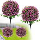 Artificial Boxwood Topiary Trees with Roses, 2 Pack Lifelike Evergreen Shrubs Featuring Ground Spike, Artificial Plants UV Protected for Year-Round Beauty in Indoor Outdoor Gardens and Porches
