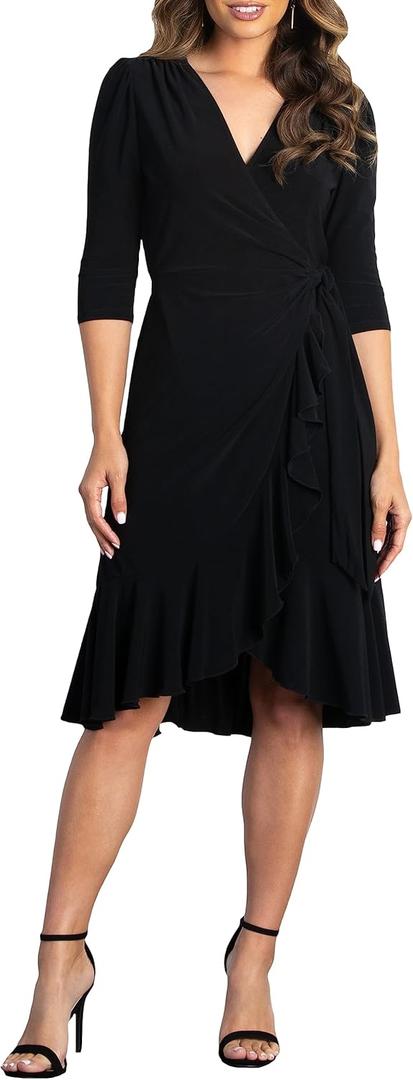 Kiyonna Plus Size Whimsy Ruffled Midi Wrap Dress with Sleeves, Wrap Around Style for Cocktail, Party, Wedding Guest or Work, Black Size 0X (10-12)