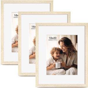 FinalFind 16x20 Picture Frame with Mat for 11x14 Set of 3, Natural Wood Grain 16x20 Frames for Horizontal & Vertical Wall Mounting (3 Pack,Natural)