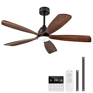 DELIHUA 52 Inch Ceiling Fans with Lights and Remote, 5 Blades Wood Ceiling Fan with Light, Dimmable, Wall Switch, Reversible DC Motor, Modern Indoor Outdoor Ceiling Fan for Patio Bedroom