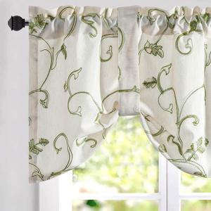 VOGOL Grass Green Embroidered Valance, Linen Textured Tie Up Valances for Bathroom, Rod Pocket Adjustable Window Shade, 52 x 18 Inch