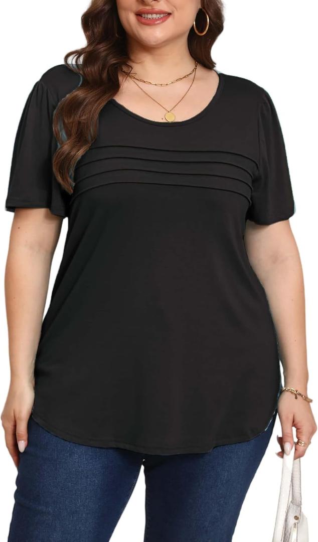 Plus Size Tunic Tops for Women Summer Short Sleeve Crewneck Trendy Pleated Loose Fit T-Shirts Blouses for Leggings Black 3X (XXL)