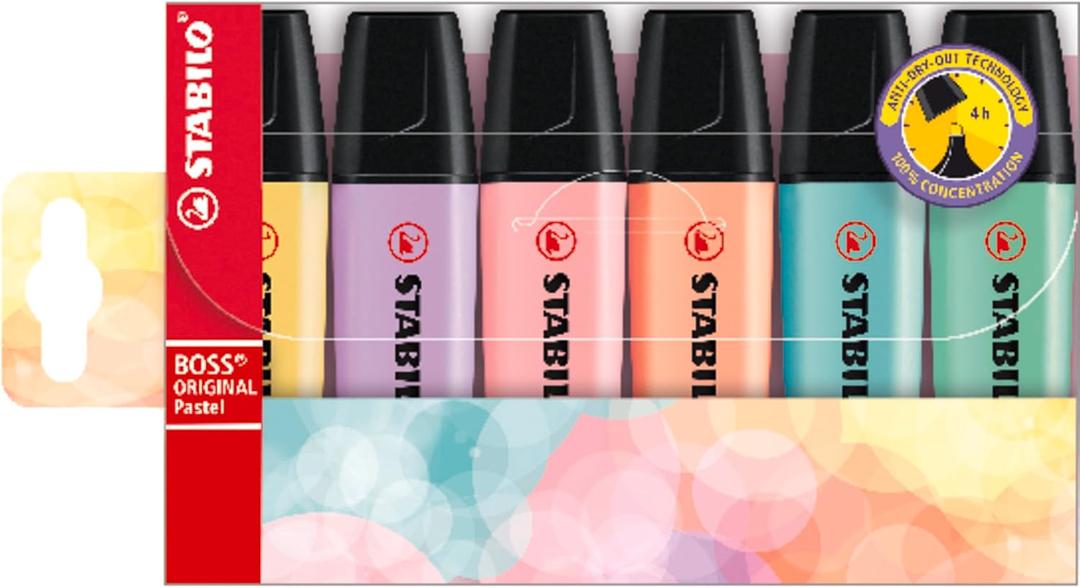 STABILO Highlighter BOSS ORIGINAL Pastel, Set of 6, Milky Yellow, Creamy Peach, Pink Blush, Lilac Haze, Hint of Mint, Turquoise (6 Count (Pack of 1), Milky Yellow, Creamy Peach, Pink Blush, Lilac Haze, Hint of Mint, Touch of Turquoise)