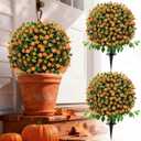 28" Artificial Flower Bushes with Ground Stakes Artificial Boxwood Topiary Trees with Roses Orange Faux Floral Plants with Autumn Leaves for Outdoor Thanksgiving, Garden, Pathway, Porch Dcor