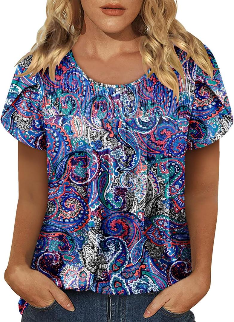 BETTE BOUTIK Womens Summer Tops Pleated Short Sleeve Tunic Tops Short Sleeve Blouses Shirts S-3XL (M)