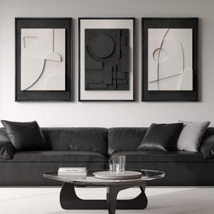 Large 3D Textured Framed Black and White Abstract Wall Art, 3 Piece Modern Wall Paintings Artwork for Walls, Minimalist Black White Geometric Pictures for Living Room, Hallway, Dining Room Wall Decor, 20"W x 30"H x 3Pcs