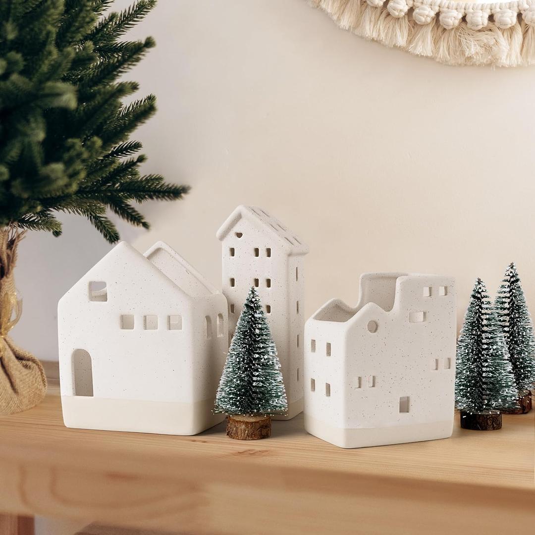 Sunlit Ceramic Christmas Village Sets of 3 Houses with 3 Tea Lights & 3 Frosted Trees, Christmas Decorations Indoor, Xmas Holiday Farmhouse Vintage Rustic Decor for Tabletop Mantle, Matte Beige