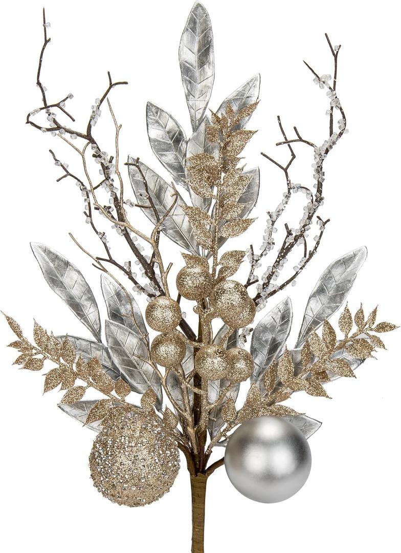 3 Pcs Christmas Glitter Leaves Fern Stems With Ball Ornament, Bay Leaves, 15 Inch Artificial Picks Floral Branches for Tree, Xmas Wreath, Centerpieces, Home Decor - Champagne