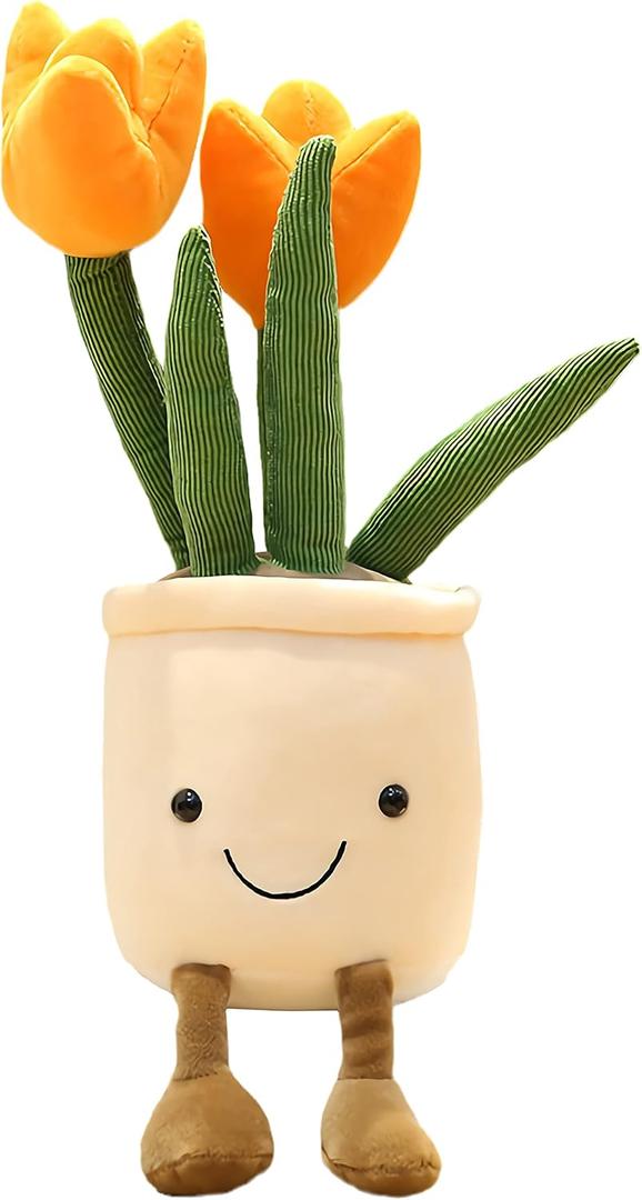 WUZHOU Tulip Plush Toy, 13.7" Flower Pot Stuffed Plushie Pillow Decoration, Soft Fluffy Toy Succulent Plants Friend Throw Pillow, Multicolor (Orange-Tulip)