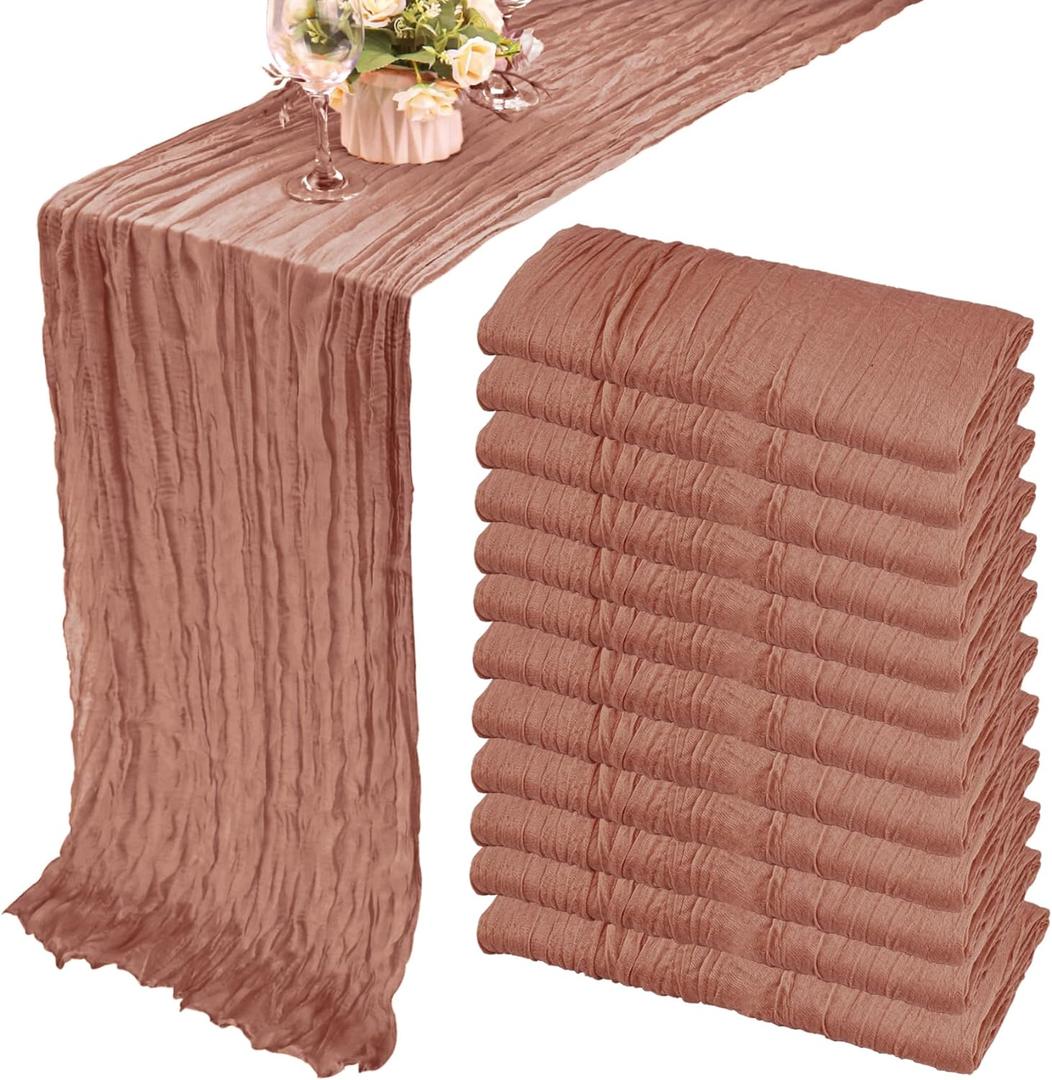 12 Pack 10Ft Cheesecloth Table Runner 35x120 Inch Boho Gauze Table Runner Rustic Cheese Cloth Long Romantic Table Runners for Wedding Bridal Shower Birthday Party Table Decor (Dusty Blush)
