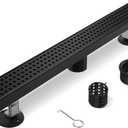 Black Shower Drain, 24 Inch Linear Shower Drain with Removable Square Hole Cover Grate, Modern 304 Stainless Steel Matte Black Shower Floor Drain with Adjustable Feet,Hair Strainer, Shower Drain