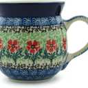 Authentic Polish Pottery Bubble Mug 8 oz in Maraschino Design Handmade in Bolesawiec Poland by Ceramika Artystyczna + Certificate of Authenticity