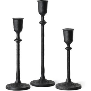 Antique Candlestick Holders Set of 3, Cast Iron Taper Candle Holder for Dining Table Centerpiece, Wedding, Fireplace Mantel Decor, Vintage Tall Candle Stands, Christmas Decorations, Matte Black