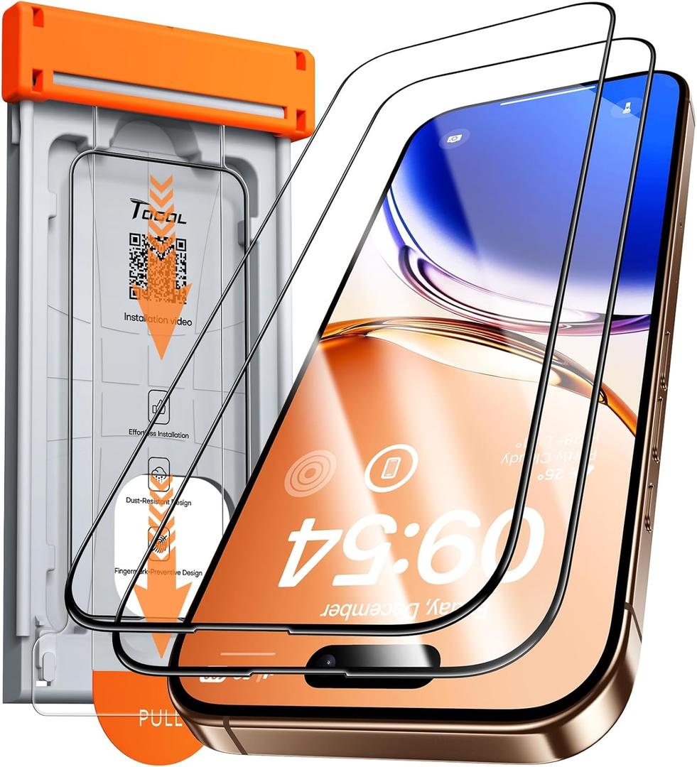 TOCOL for iPhone 16 Pro Screen Protector Zero Bubble Auto-Dust Removal 9H+ Hardness Tempered Glass for Full Coverage Easy Installation 6.3-Inch 2 Pack