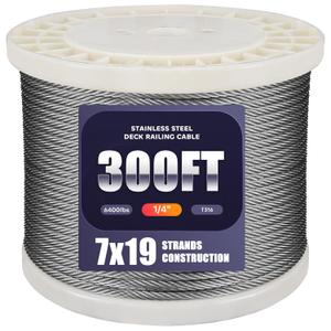 300FT 1/4" Stainless Steel Cable for Deck Cable Railing System, Premium T316 Cable Kits, 7x19 Strands Construction Braided Stainless Wire, 1/4 inch Wire Rope Cable, Yard Zipline (Sliver)