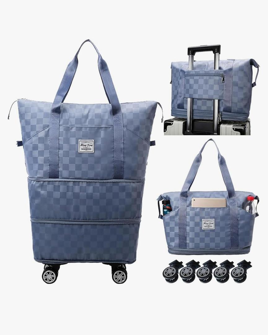 Expandable Foldable Duffel Bag Suitcases, Detachable Rolling Wheels, Rolling Duffle Bag with Wheels, Suitcase with Wheel, Carry on Luggage, Gift for Men Women Lightweight Suitcases (Blue)