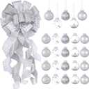 Syhood 25 Pieces Christmas Tree Topper Bow 12 x 34 Large Christmas Bow with Color Strips and 2.36 Inch Plastic Christmas Ball Ornaments for Christmas Tree Home Decoration(Silver)