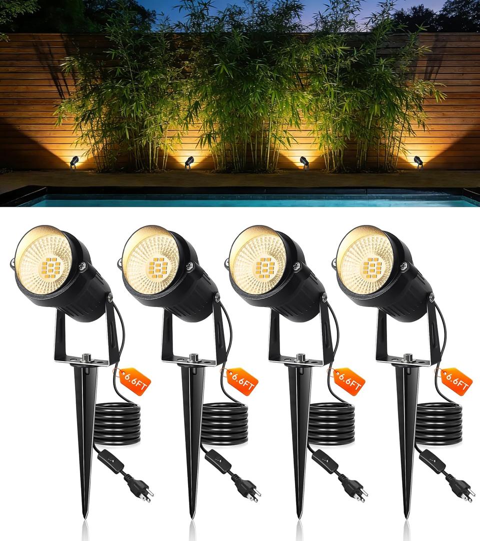 12W Landscape Lighting, IP66 Waterproof Spotlight with 6.6Ft Cable + Plug+ Switch, 3000K LED Landscape Lights for Yard Garden Tree House Halloween Christmas, 1400LM Landscape Warm White Light, 4 Pack