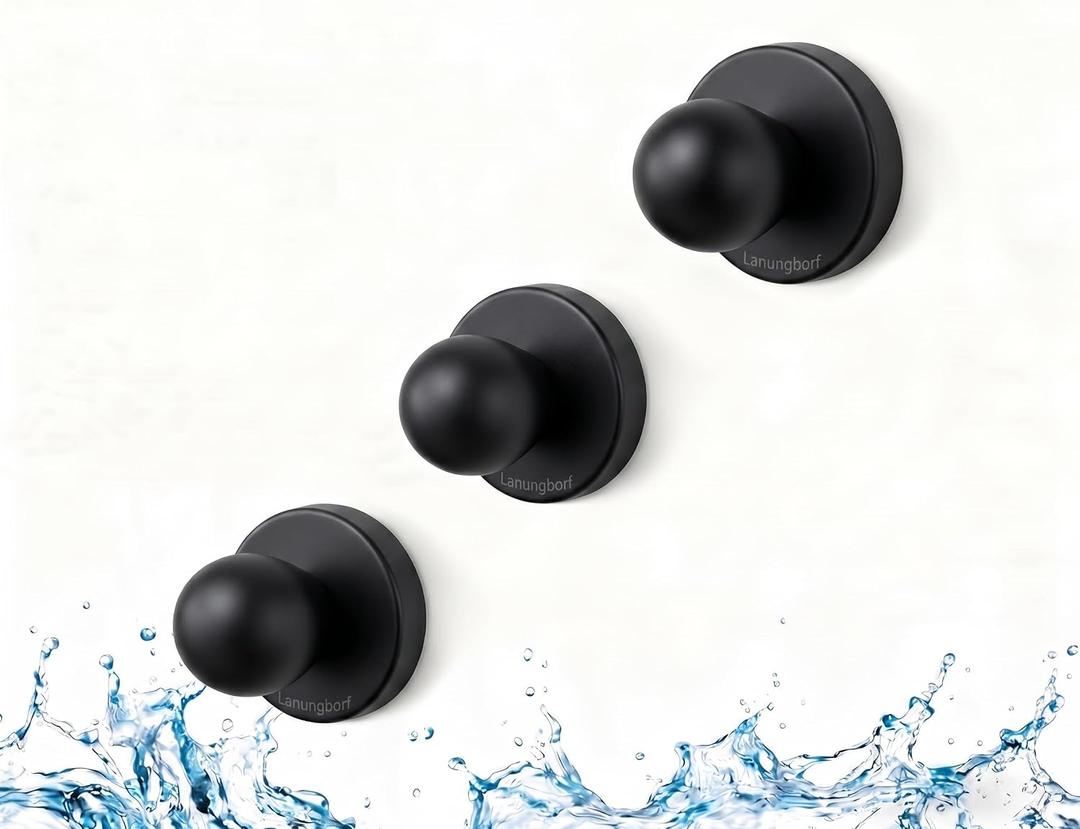 Suction Cup Hooks for Shower, Stainless Steel No Drill Wall Hooks with Olive Bead Design Heavy Duty Washable Removable Hooks for Bathroom Glass Door Towel Loofah (3, Black)