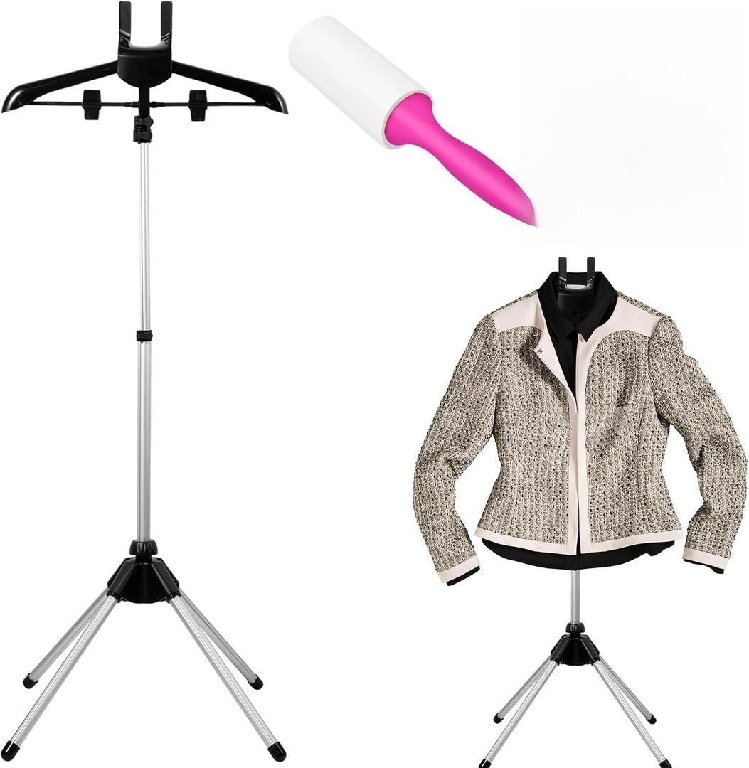 Foldable Garment Steamer Stand with Lint Roller for Clothes, Adjustable Steamer Rack with Two Clips for Suit Shirt Overcoat Vest, Steam Iron Stand for Bedroom Cloakroom Hotel